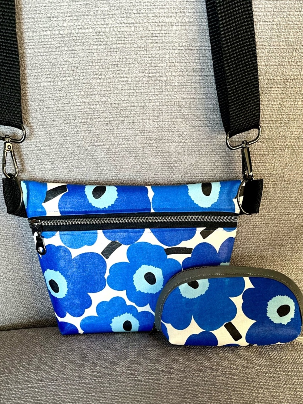 handmade marimekko style coated cotton crossbody bag